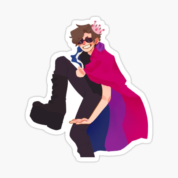 This is a drawing of a sticker of Eret from the shins up. Eret is masculine presenting in the sticker, wearing black sunglasses and a small golden crown on his head. He wears a black t-shirt and black jeans with his knee-high black platform boots. His right leg is raised, showing off his boots. A bi pride flag is draped around his shoulders like a cloak. His right hand clasps the corners of the flag around his neck. The other hand points excitedly at his raised boot. He is very excited and confident, smiling at the camera. Eret is outlined by a thick white border on a plain white background.